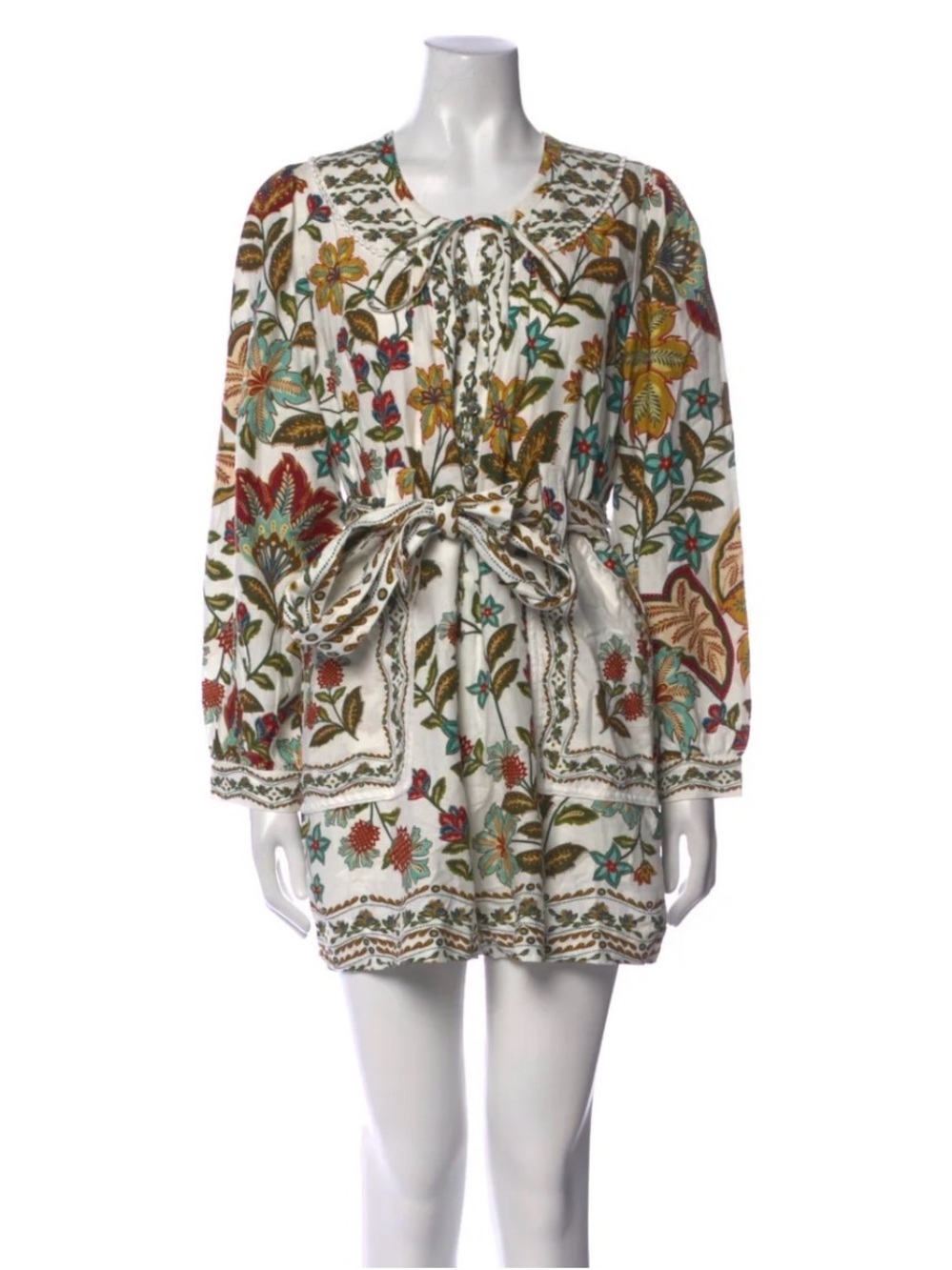 FARM Rio Multicolor Floral Tie-Waist Long Sleeve Romper in Ivory NWOT